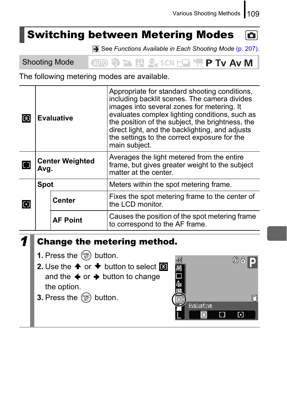 Switching between metering modes, P. 109, P. 109) | Change the metering method | Canon A650 IS User Manual | Page 111 / 213