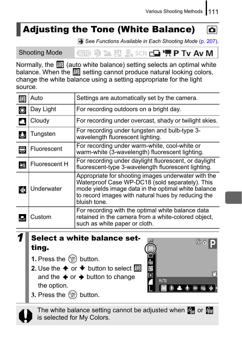 Adjusting the tone (white balance), P. 111, Select a white balance set- ting | Canon A650 IS User Manual | Page 113 / 213