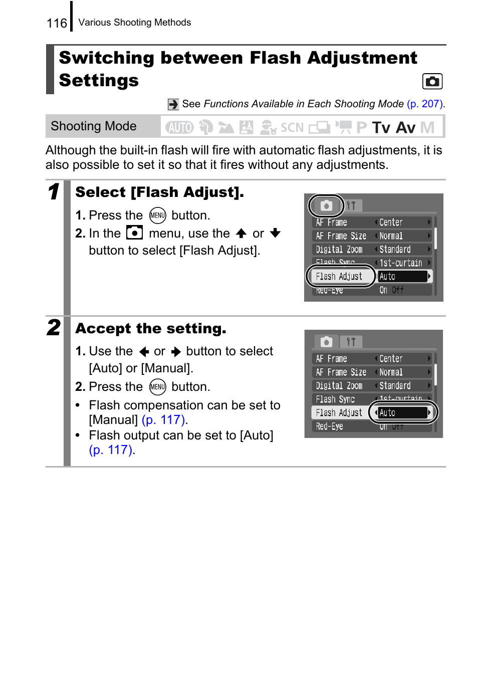 Switching between flash adjustment settings, P. 116 | Canon A650 IS User Manual | Page 118 / 213
