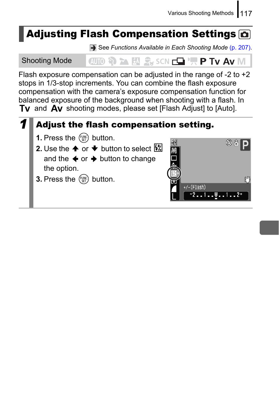 Adjusting flash compensation settings, P. 117, P. 117) | Canon A650 IS User Manual | Page 119 / 213