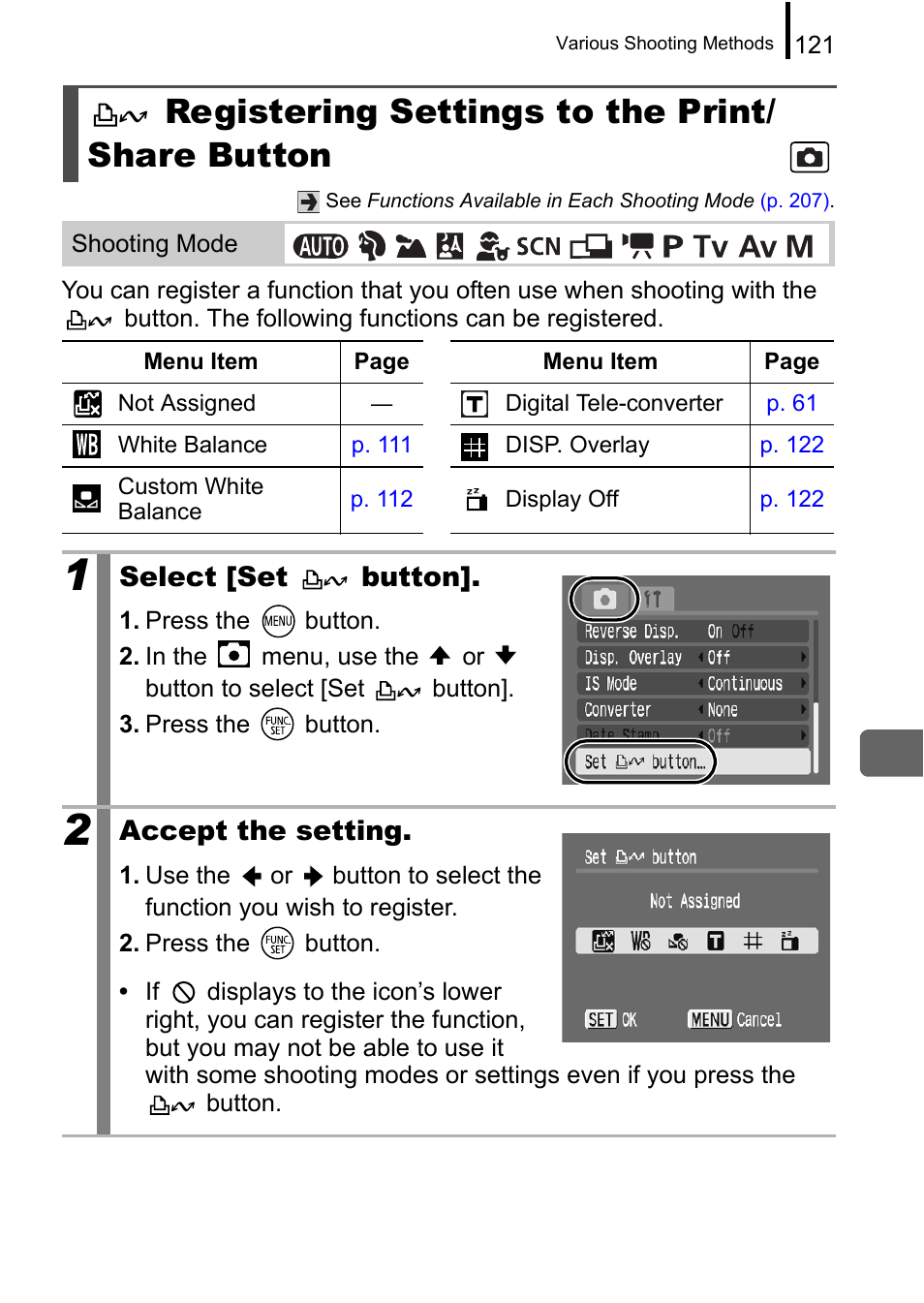 Registering settings to the print/ share button, Registering settings to the print/share button, P. 121) | P. 121 | Canon A650 IS User Manual | Page 123 / 213