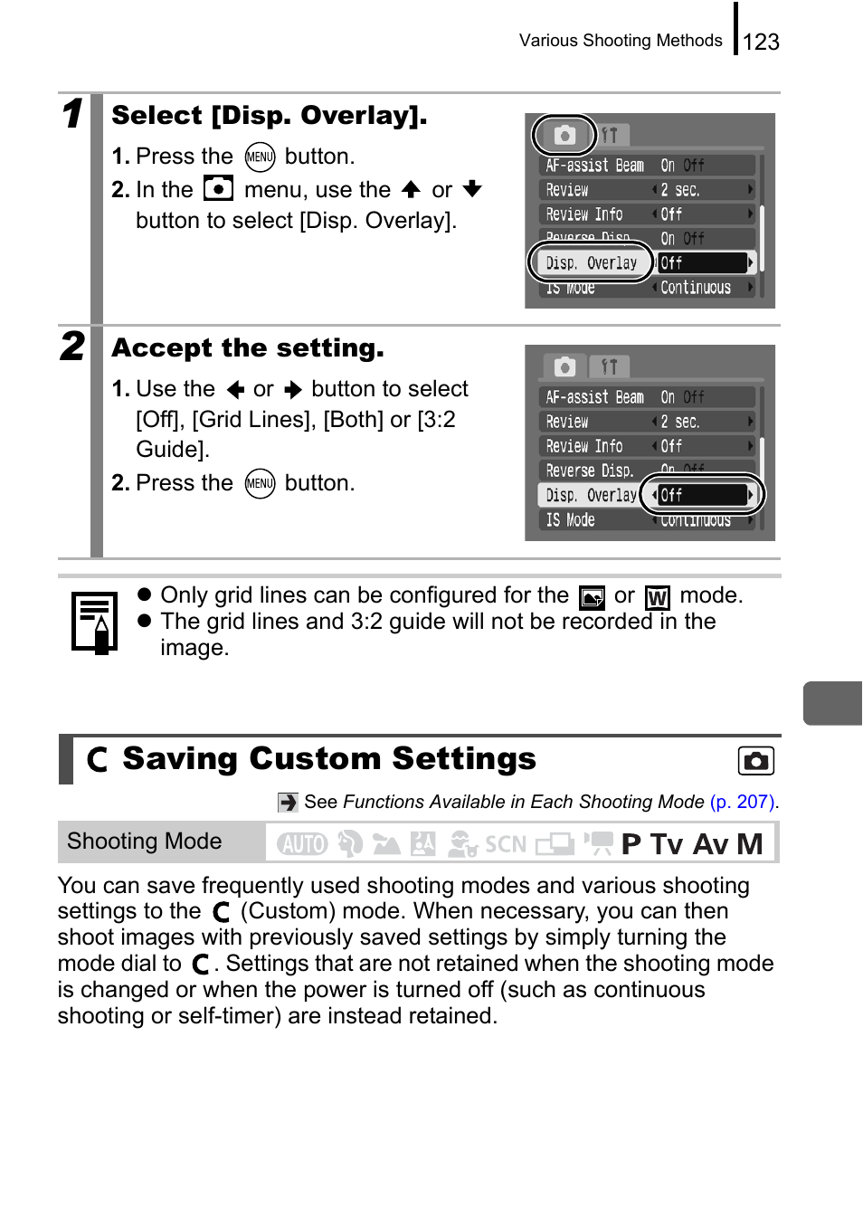 Saving custom settings, P. 123 | Canon A650 IS User Manual | Page 125 / 213
