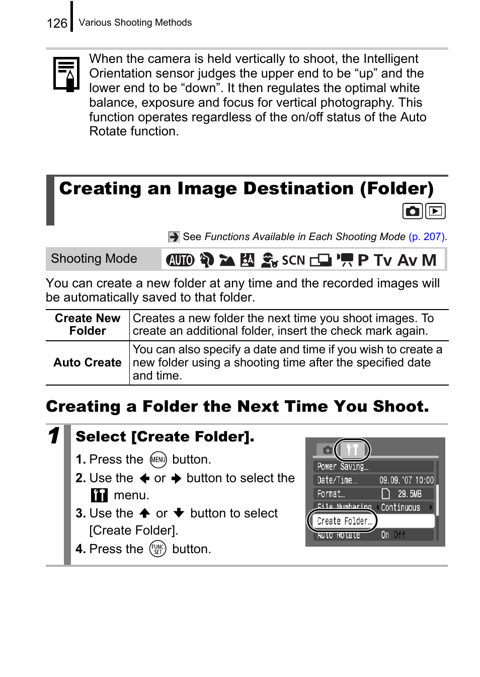 Creating an image destination (folder), P. 126, Creating a folder the next time you shoot | Select [create folder | Canon A650 IS User Manual | Page 128 / 213