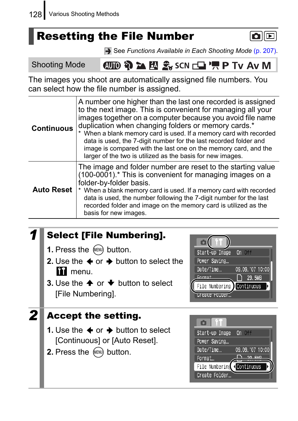 Resetting the file number, P. 128, Select [file numbering | Accept the setting | Canon A650 IS User Manual | Page 130 / 213
