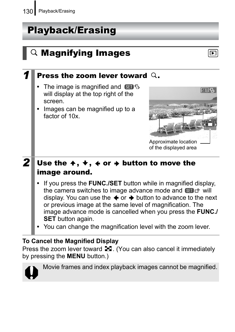 Playback/erasing, Magnifying images | Canon A650 IS User Manual | Page 132 / 213