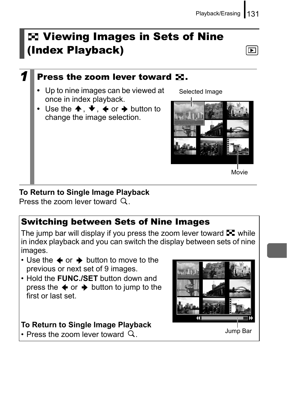 Viewing images in sets of nine (index playback) | Canon A650 IS User Manual | Page 133 / 213