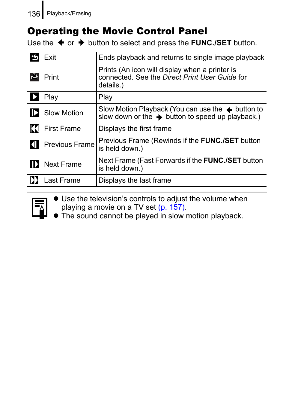 Operating the movie control panel | Canon A650 IS User Manual | Page 138 / 213