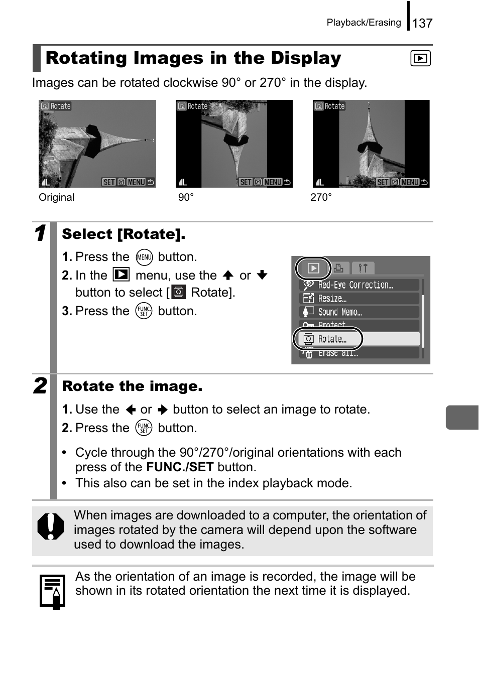 Rotating images in the display, P. 137 | Canon A650 IS User Manual | Page 139 / 213