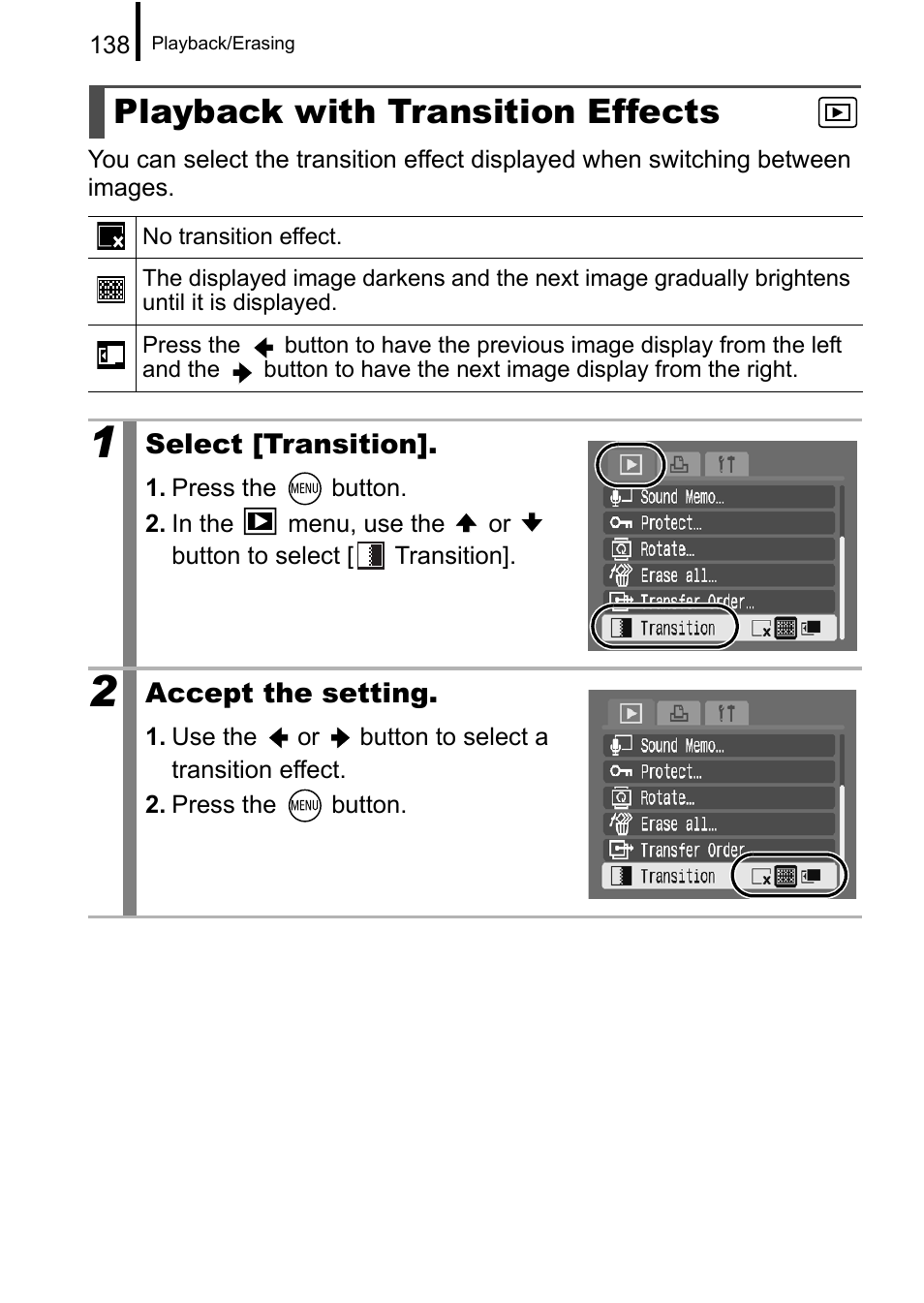 Playback with transition effects, P. 138 | Canon A650 IS User Manual | Page 140 / 213