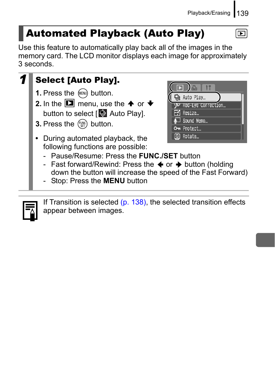 Automated playback (auto play), P. 139 | Canon A650 IS User Manual | Page 141 / 213