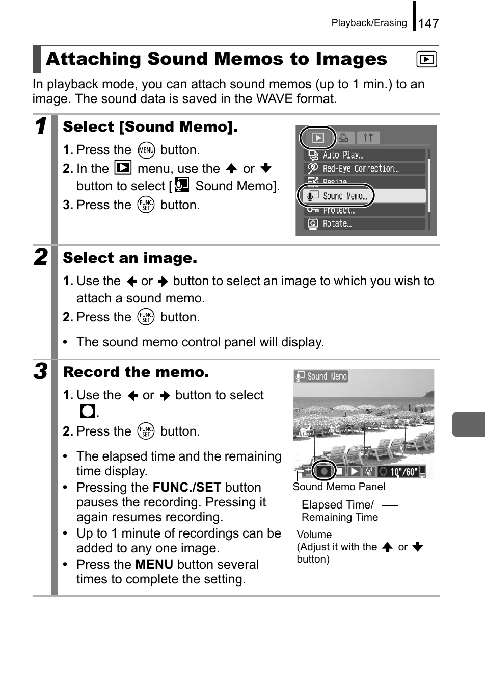 Attaching sound memos to images, P. 147), P. 147 | Canon A650 IS User Manual | Page 149 / 213