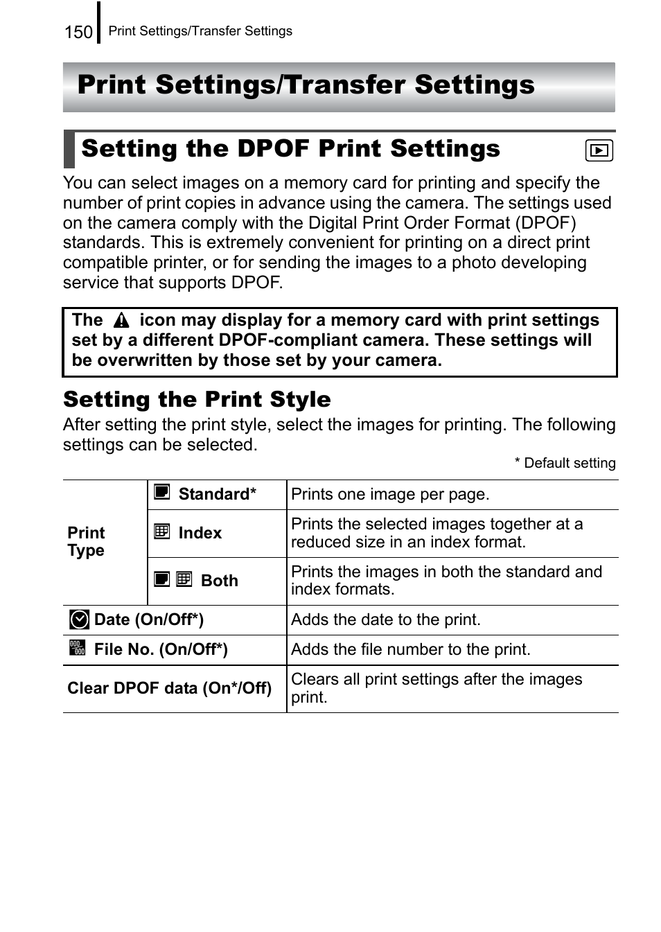 Print settings/transfer settings, Setting the dpof print settings, P. 150 | Setting the print style | Canon A650 IS User Manual | Page 152 / 213