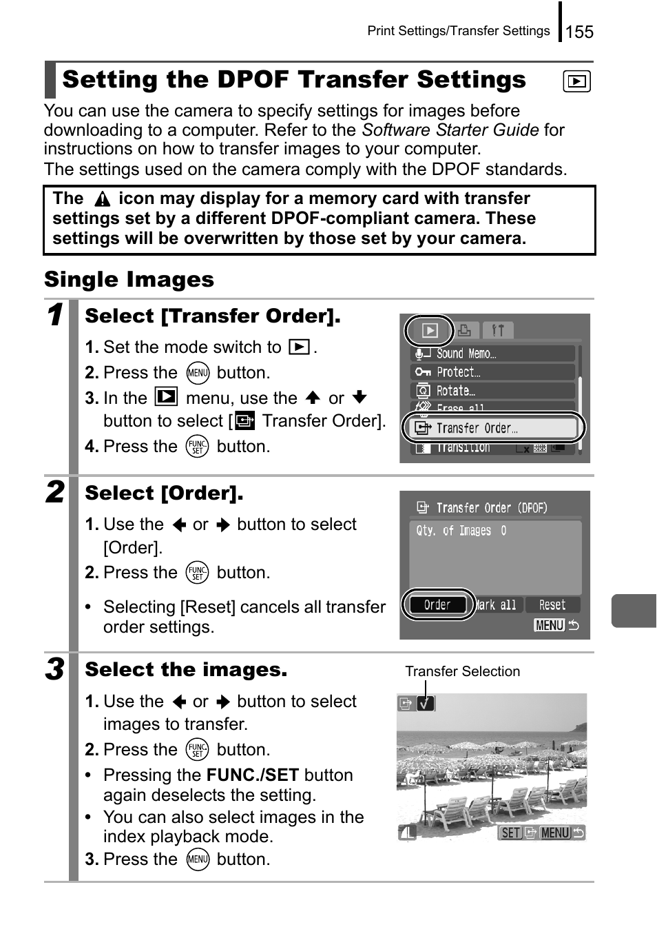 Setting the dpof transfer settings, P. 155, Single images | Canon A650 IS User Manual | Page 157 / 213