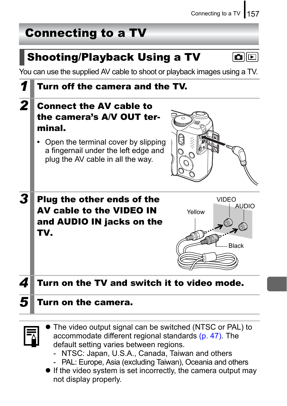 Connecting to a tv, Shooting/playback using a tv, P. 157) | P. 157 | Canon A650 IS User Manual | Page 159 / 213