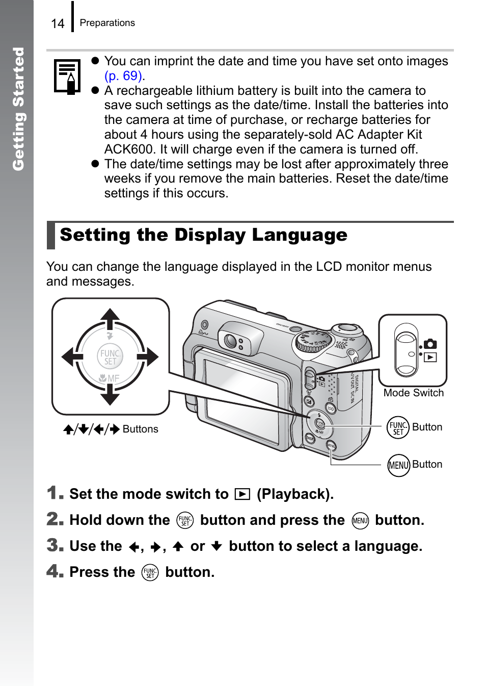 Setting the display language | Canon A650 IS User Manual | Page 16 / 213