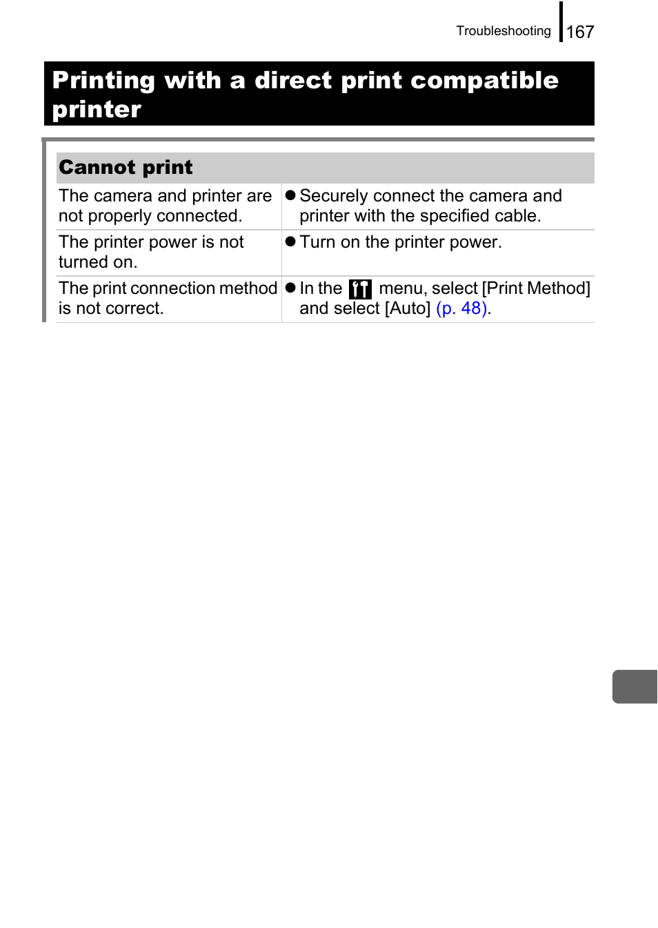 P. 167), Printing with a direct print compatible printer | Canon A650 IS User Manual | Page 169 / 213