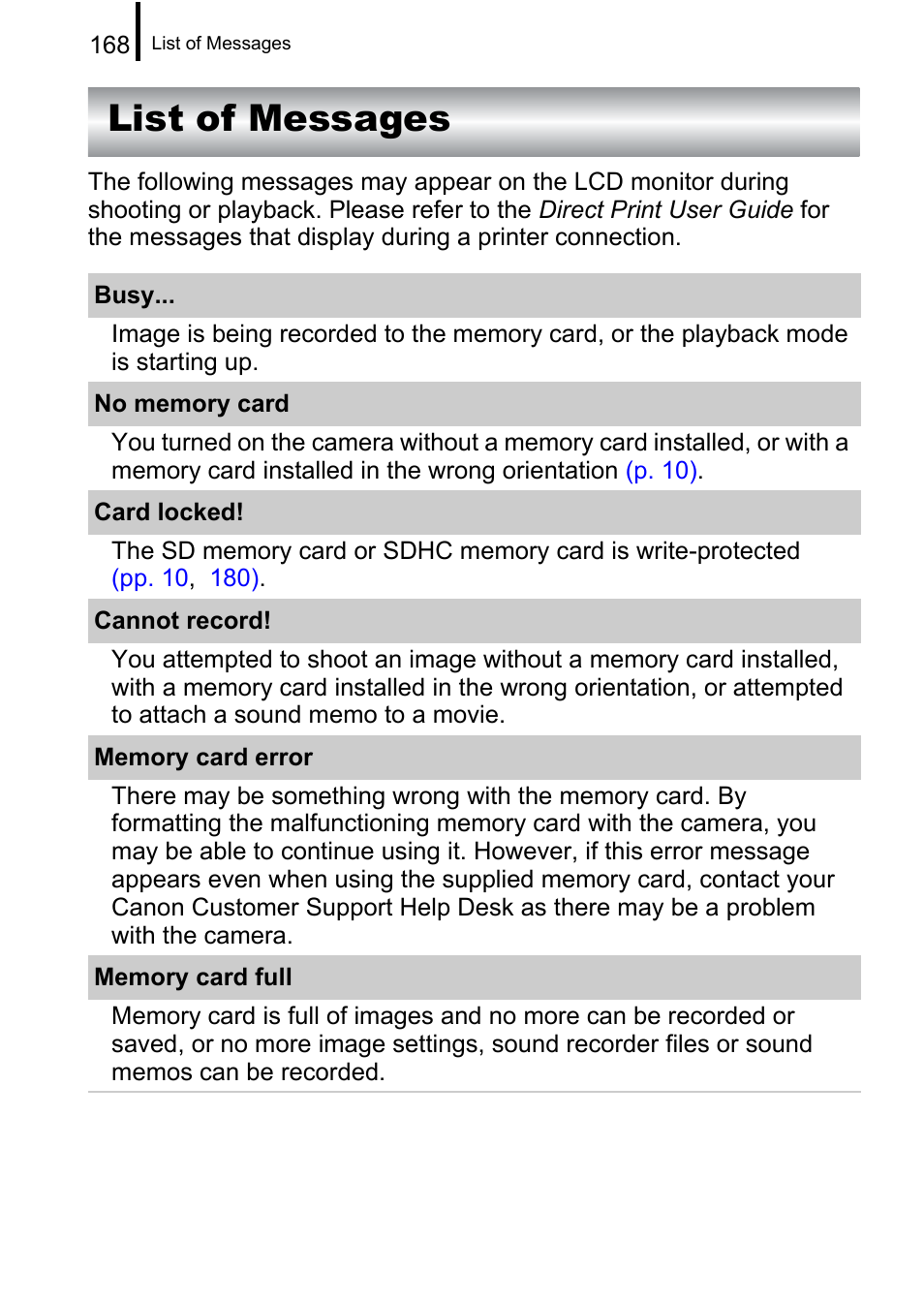 List of messages | Canon A650 IS User Manual | Page 170 / 213
