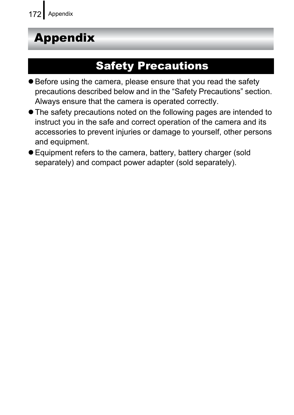 Appendix, Safety precautions, P. 172 | Canon A650 IS User Manual | Page 174 / 213