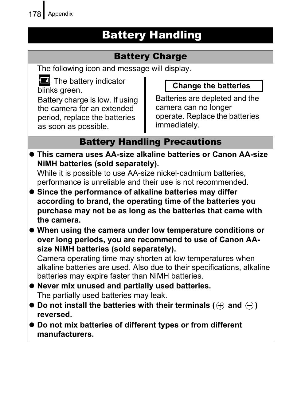 Battery handling, P. 178, P. 178) | Tteries, Battery charge, Battery handling precautions | Canon A650 IS User Manual | Page 180 / 213