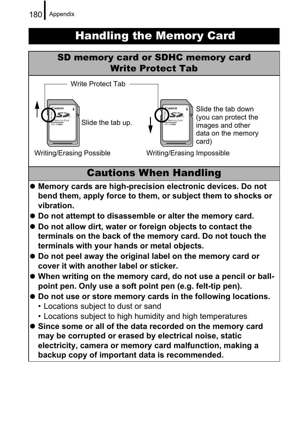 Handling the memory card, P. 180), Cautions when handling | Canon A650 IS User Manual | Page 182 / 213