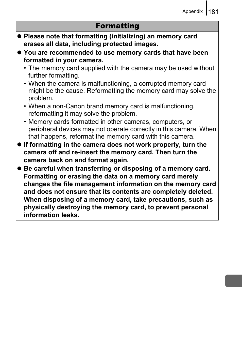 P. 181), Formatting | Canon A650 IS User Manual | Page 183 / 213
