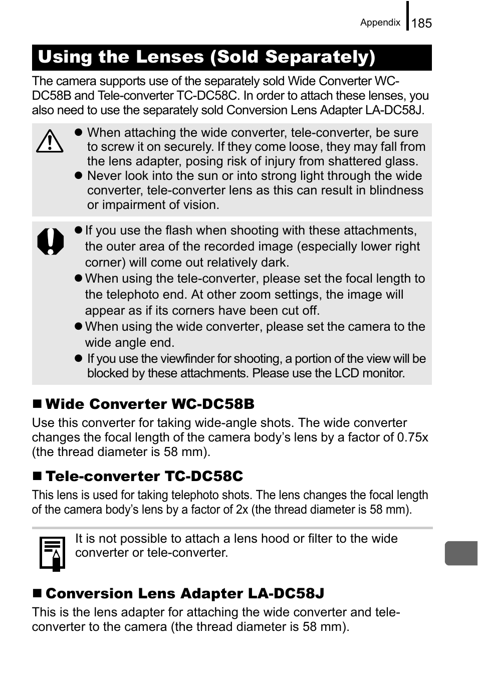 Using the lenses (sold separately), P. 185 | Canon A650 IS User Manual | Page 187 / 213