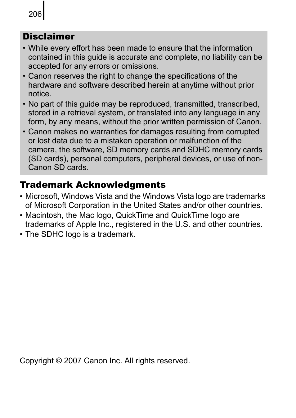 Trademark acknowledgments, Disclaimer | Canon A650 IS User Manual | Page 208 / 213