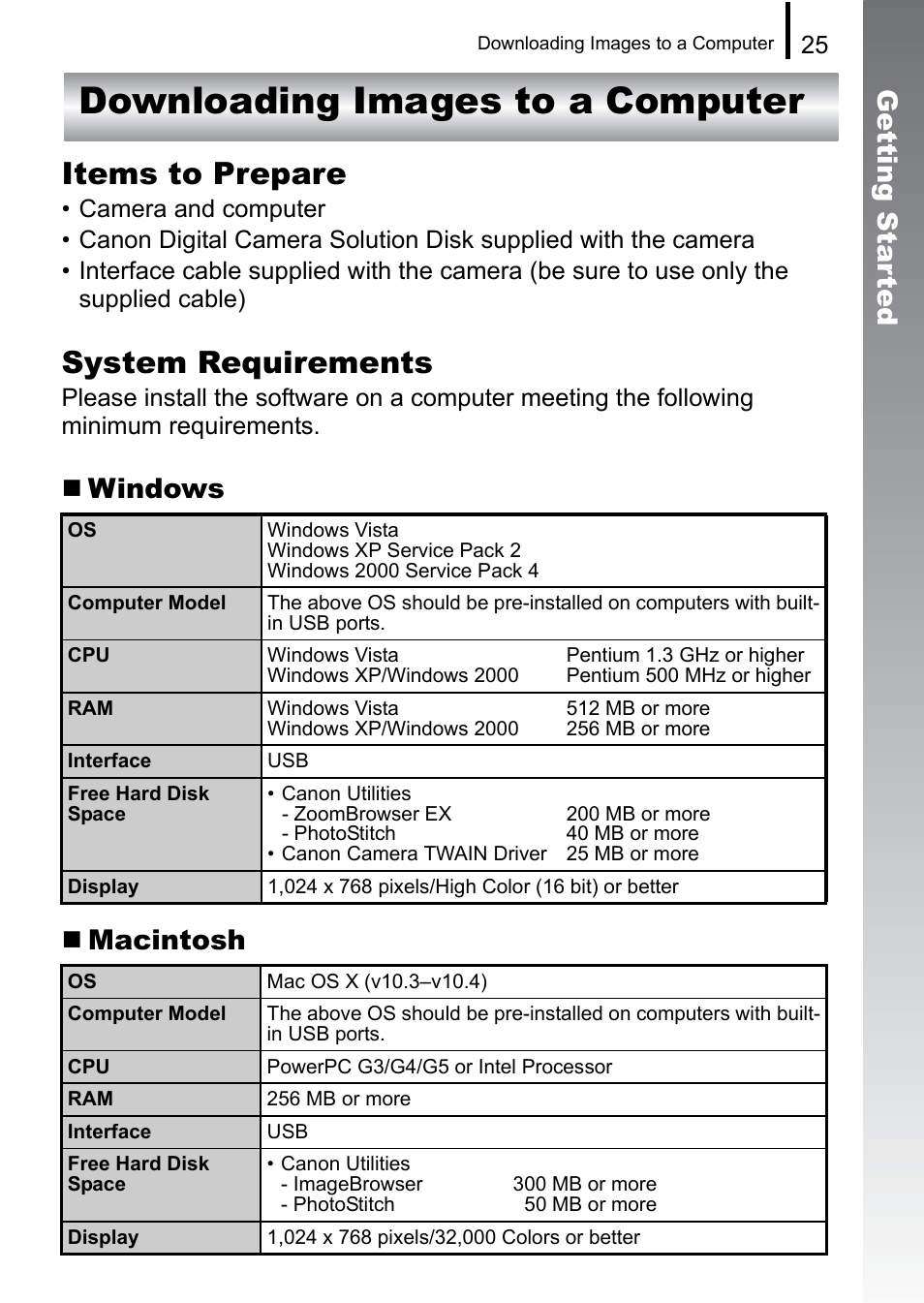 Downloading images to a computer, Items to prepare, System requirements | Getting star ted, Windows  macintosh | Canon A650 IS User Manual | Page 27 / 213