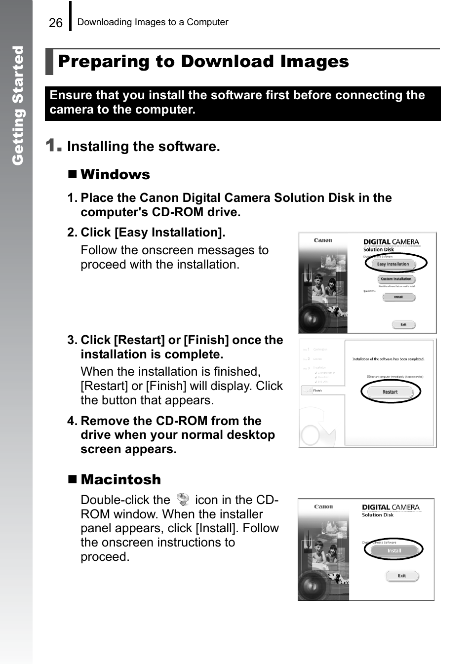 Preparing to download images | Canon A650 IS User Manual | Page 28 / 213