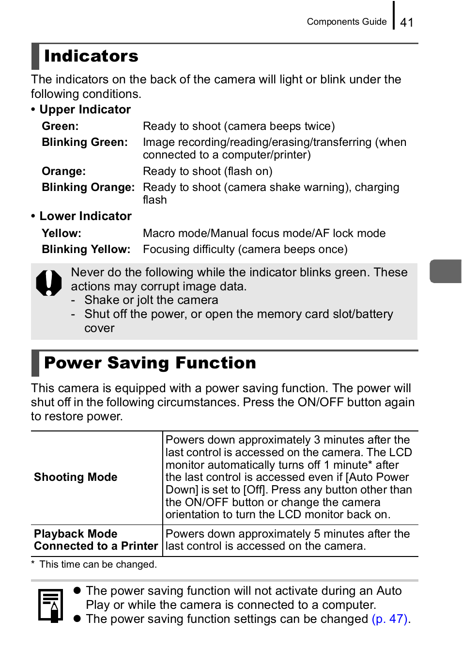 Indicators, Power saving function, Indicators power saving function | P. 41) | Canon A650 IS User Manual | Page 43 / 213