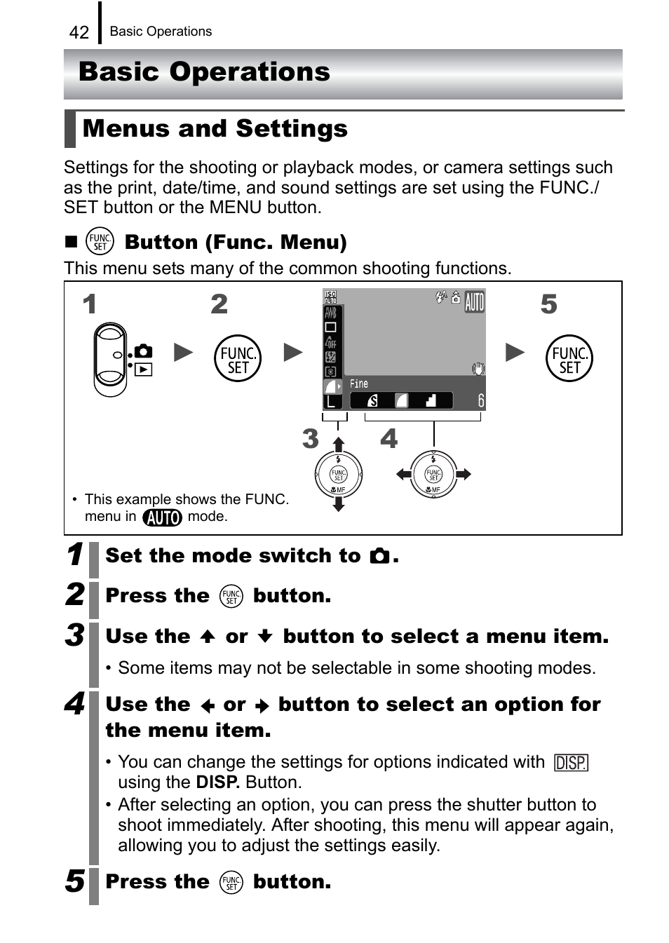 Basic operations, Menus and settings, Pp. 42 | Canon A650 IS User Manual | Page 44 / 213