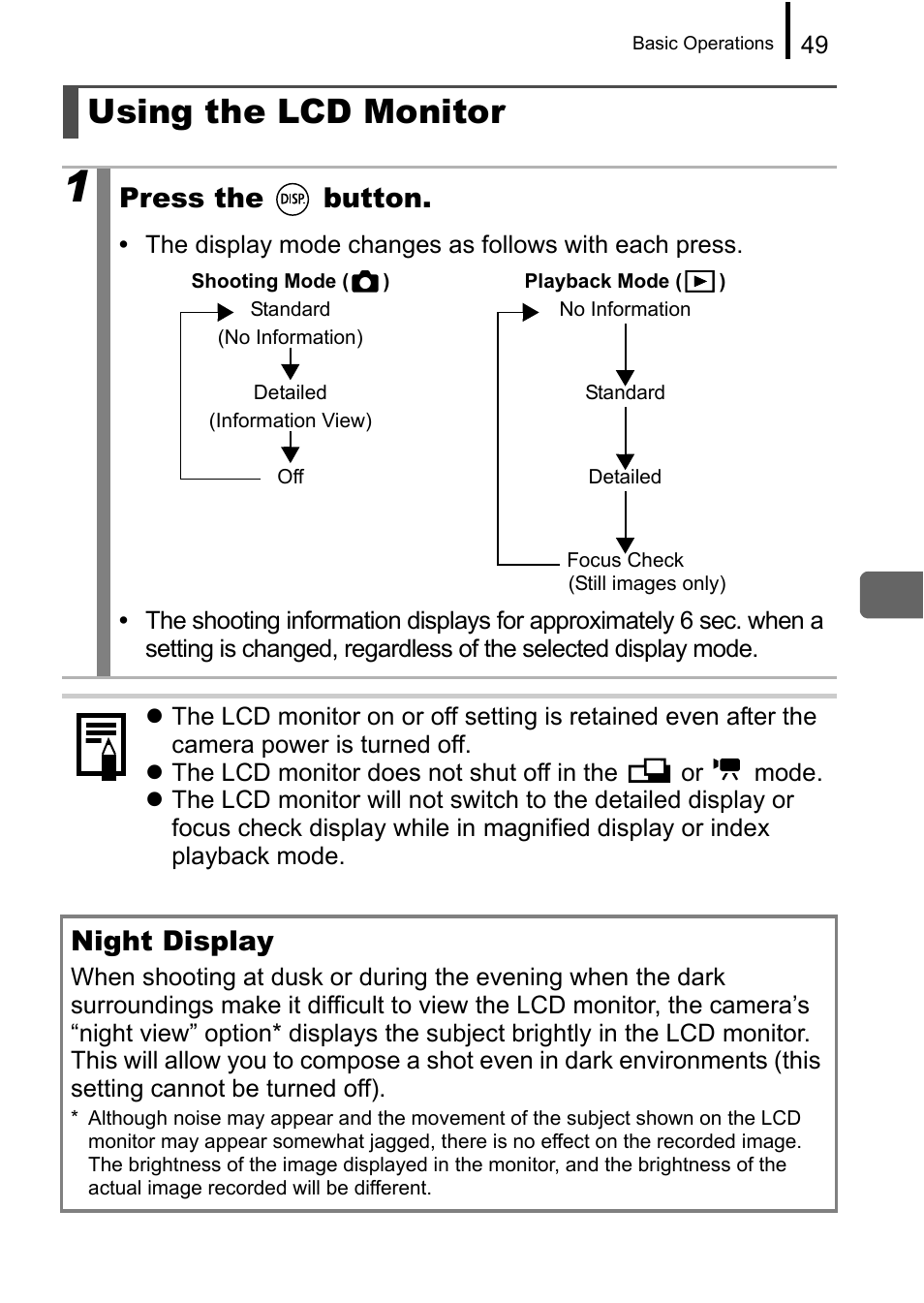 Using the lcd monitor, P. 49), Press the button | Night display | Canon A650 IS User Manual | Page 51 / 213