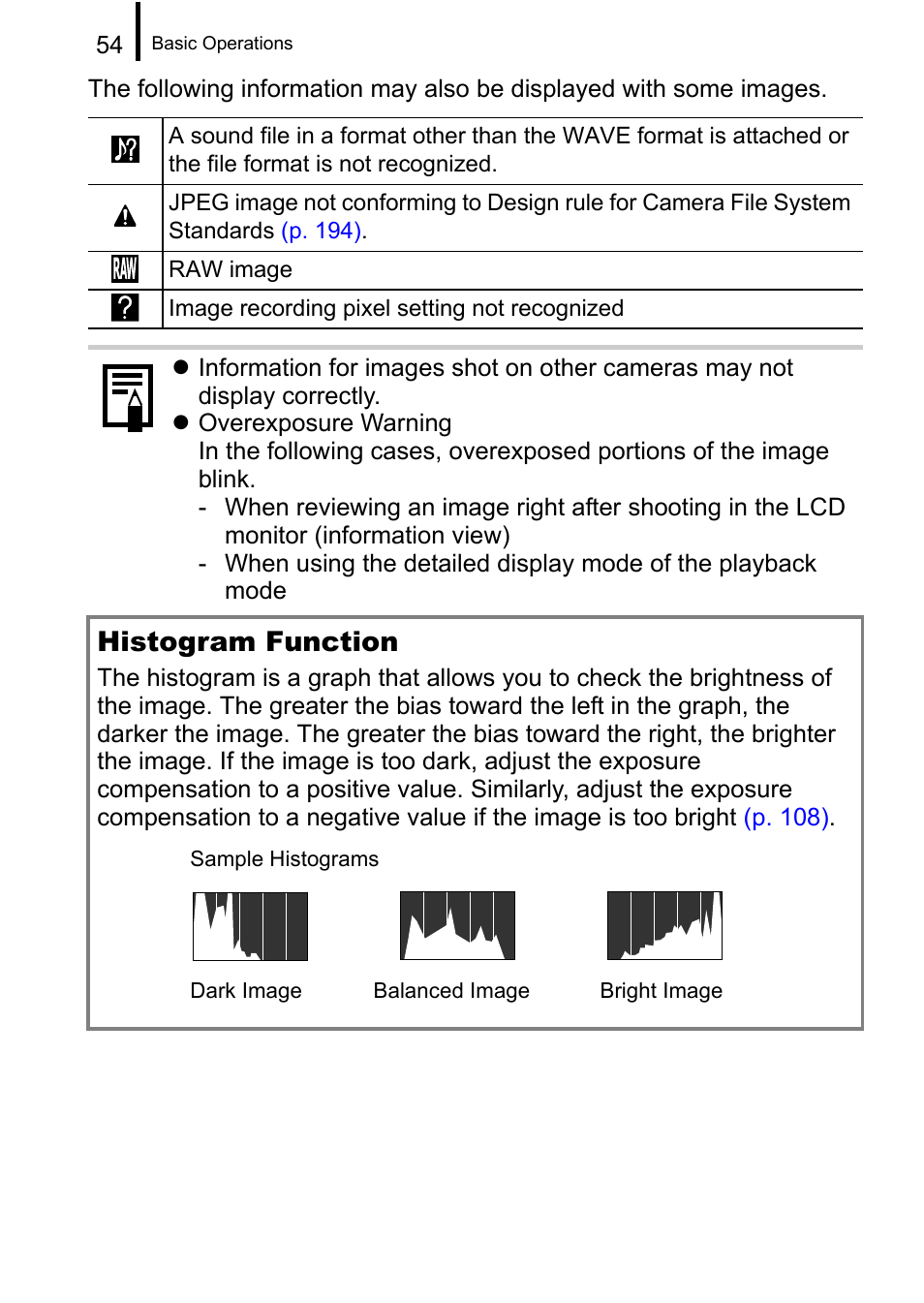 P. 54), Histogram function | Canon A650 IS User Manual | Page 56 / 213