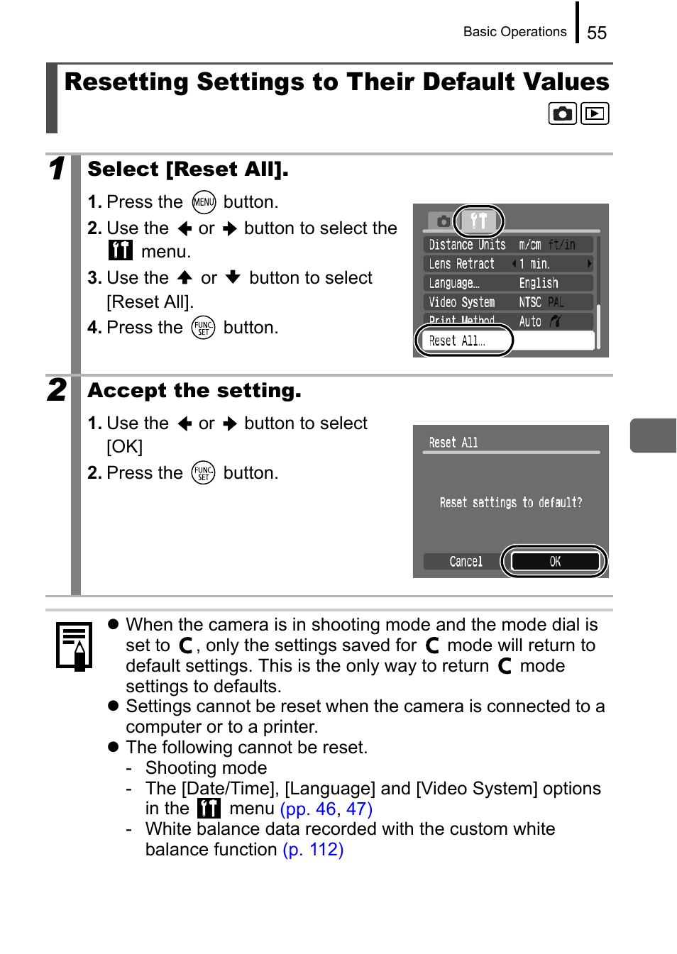 Resetting settings to their default values | Canon A650 IS User Manual | Page 57 / 213