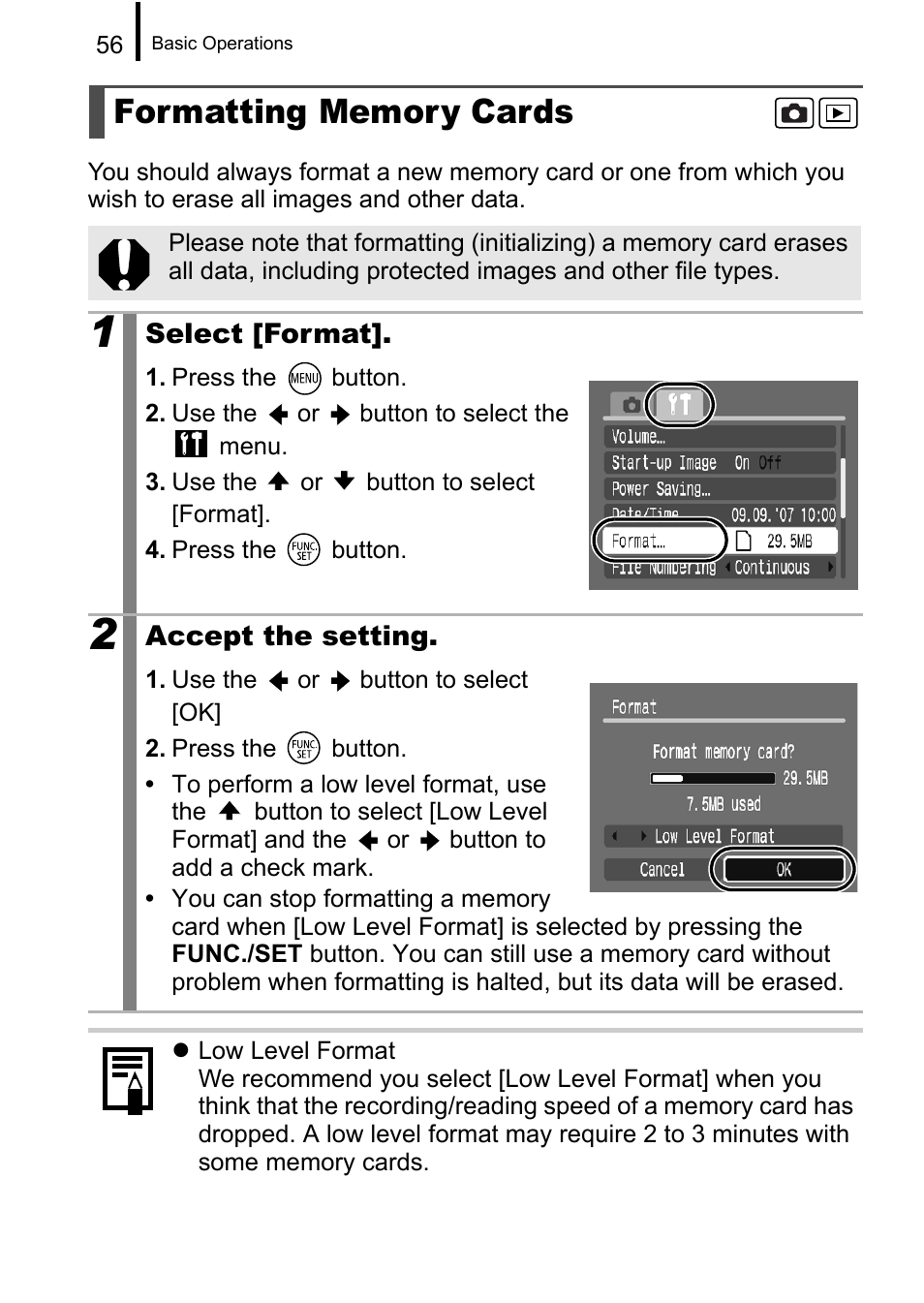 Formatting memory cards, P. 56) | Canon A650 IS User Manual | Page 58 / 213