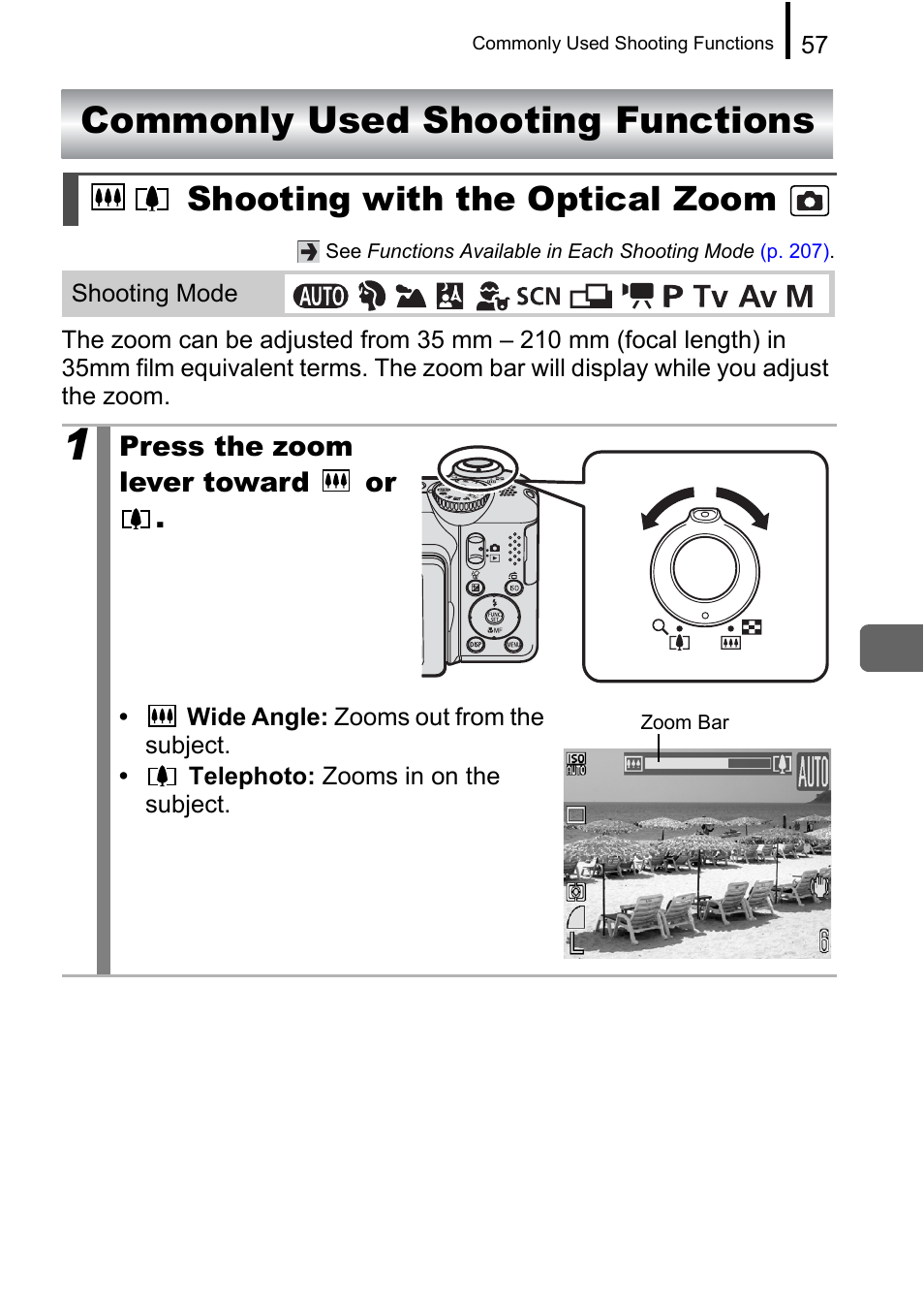 Commonly used shooting functions, Shooting with the optical zoom, Pp. 57 | P. 57 | Canon A650 IS User Manual | Page 59 / 213