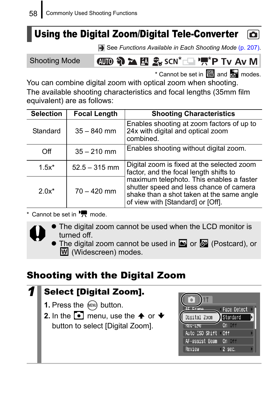 Using the digital zoom/digital tele-converter, P. 58, Shooting with the digital zoom | Select [digital zoom | Canon A650 IS User Manual | Page 60 / 213