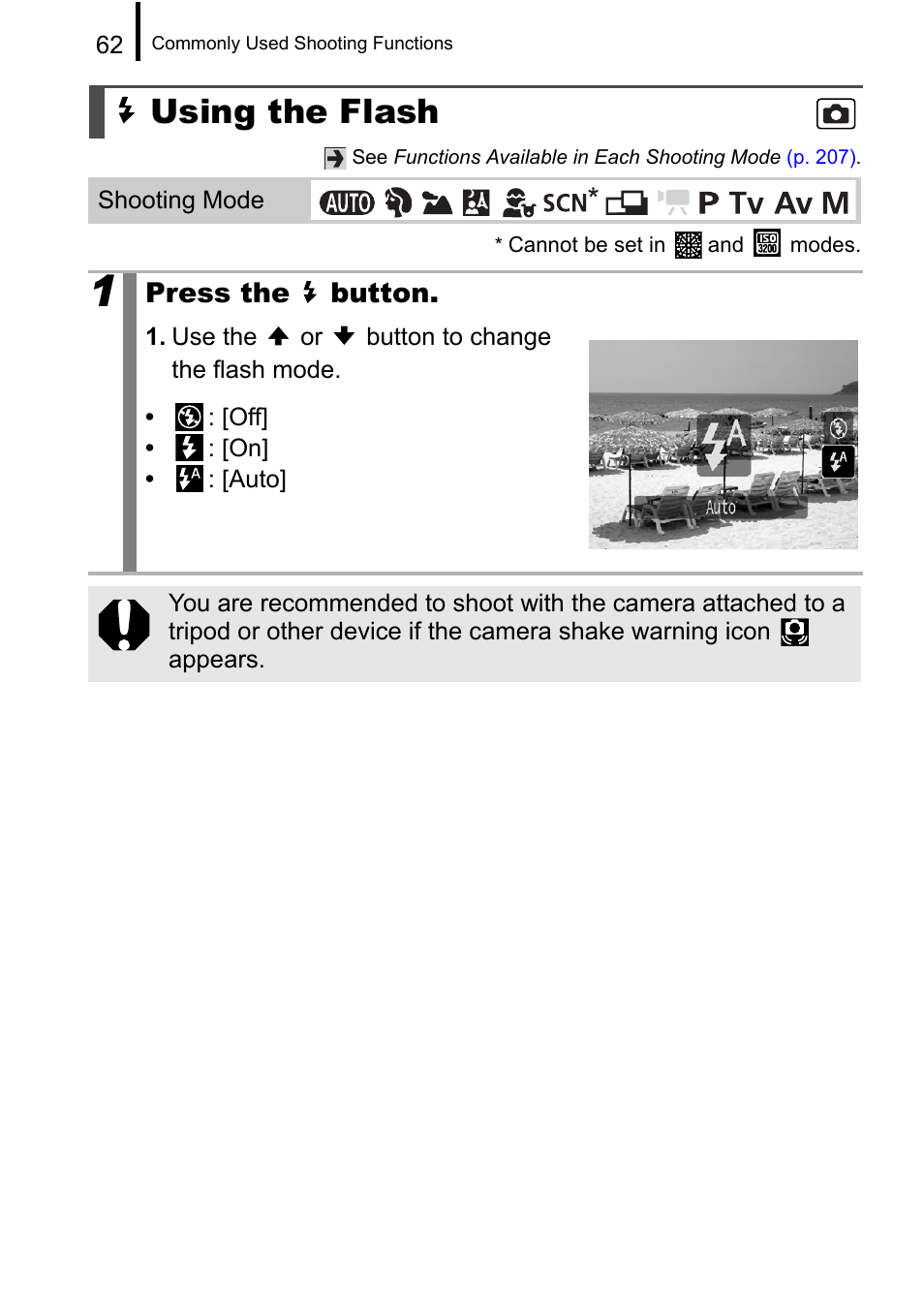 Using the flash, P. 62), P. 62 | Press the button | Canon A650 IS User Manual | Page 64 / 213
