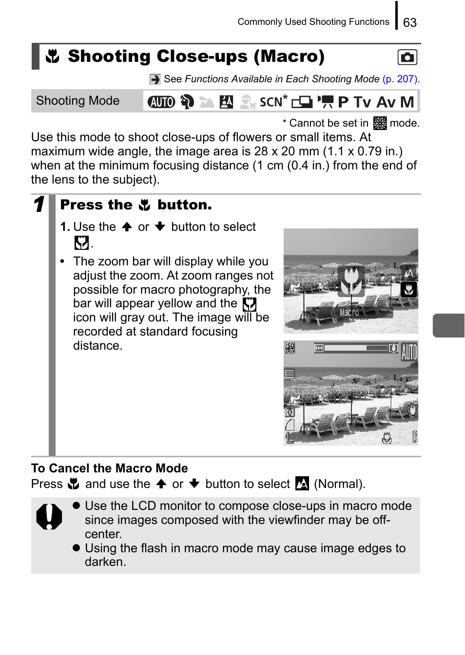 Shooting close-ups (macro), Pp. 63, P. 63 | Press the button | Canon A650 IS User Manual | Page 65 / 213