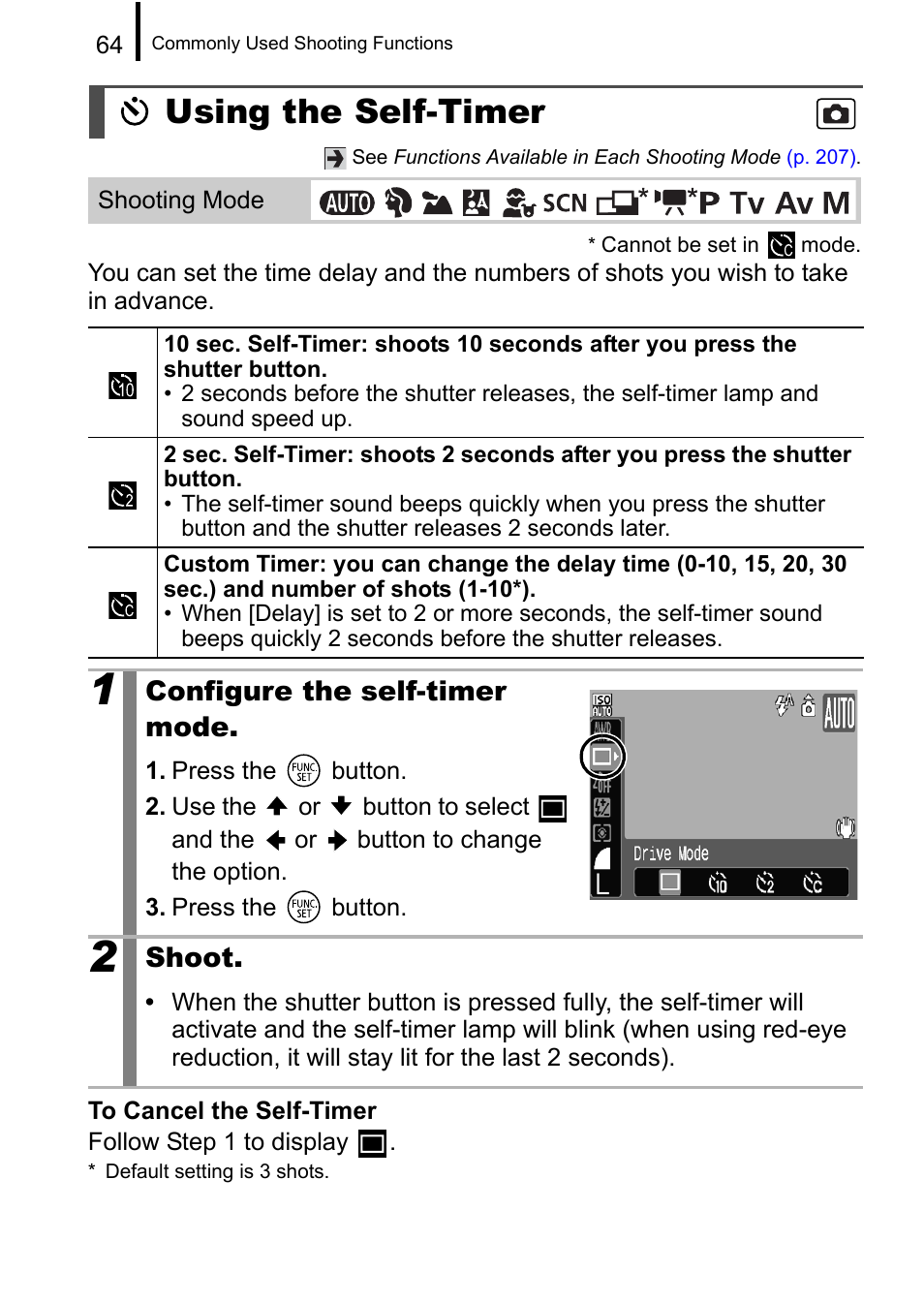 Using the self-timer, Lamp, P. 64) | Pp. 64, Configure the self-timer mode, Shoot | Canon A650 IS User Manual | Page 66 / 213