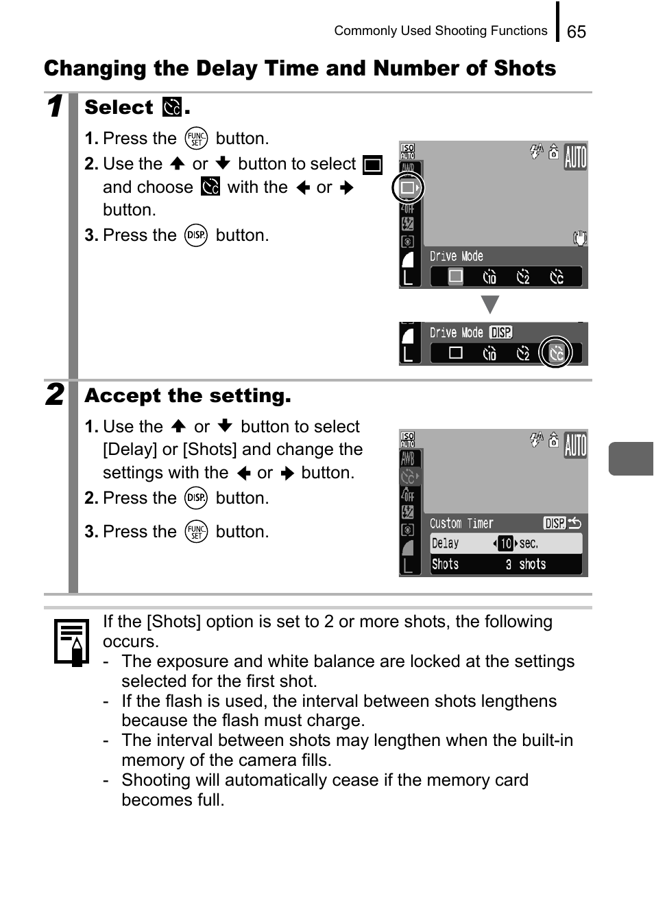 Changing the delay time and number of shots | Canon A650 IS User Manual | Page 67 / 213