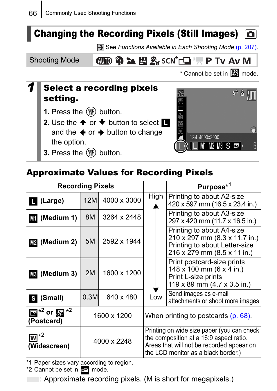 Changing the recording pixels (still images), P. 66, Approximate values for recording pixels | Select a recording pixels setting | Canon A650 IS User Manual | Page 68 / 213