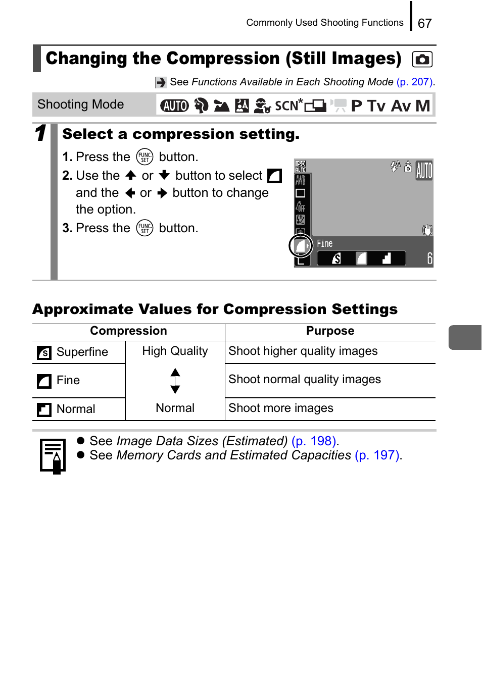 Changing the compression (still images), P. 67, Approximate values for compression settings | Select a compression setting | Canon A650 IS User Manual | Page 69 / 213