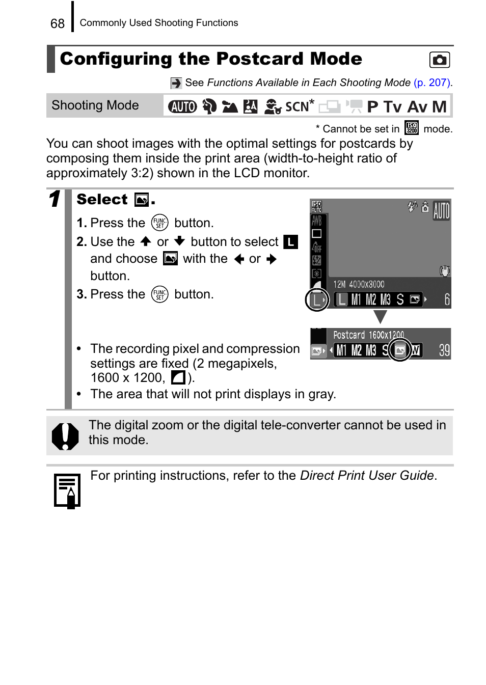 Configuring the postcard mode, P. 68), Select | Canon A650 IS User Manual | Page 70 / 213