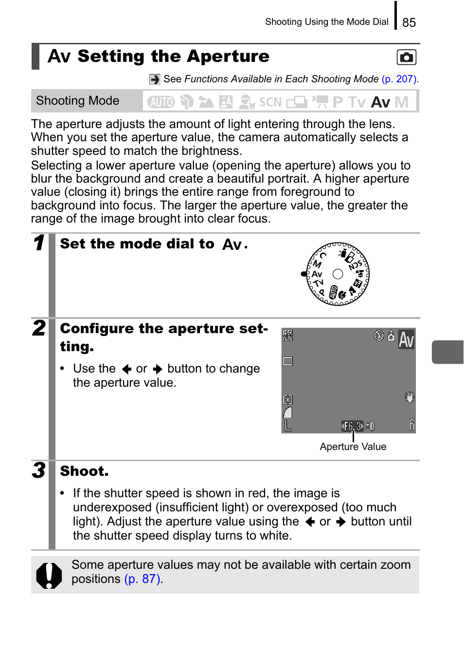 Setting the aperture, Pp. 85 | Canon A650 IS User Manual | Page 87 / 213