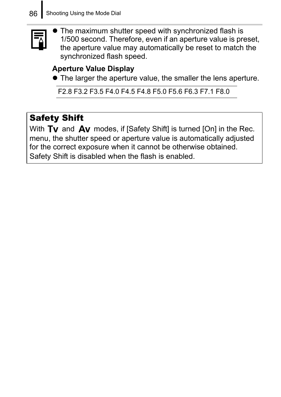 P. 86, Safety shift | Canon A650 IS User Manual | Page 88 / 213