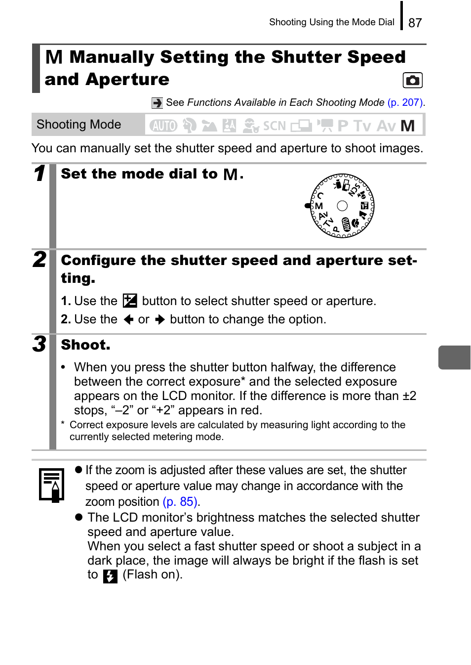 Manually setting the shutter speed and aperture, P. 87) | Canon A650 IS User Manual | Page 89 / 213