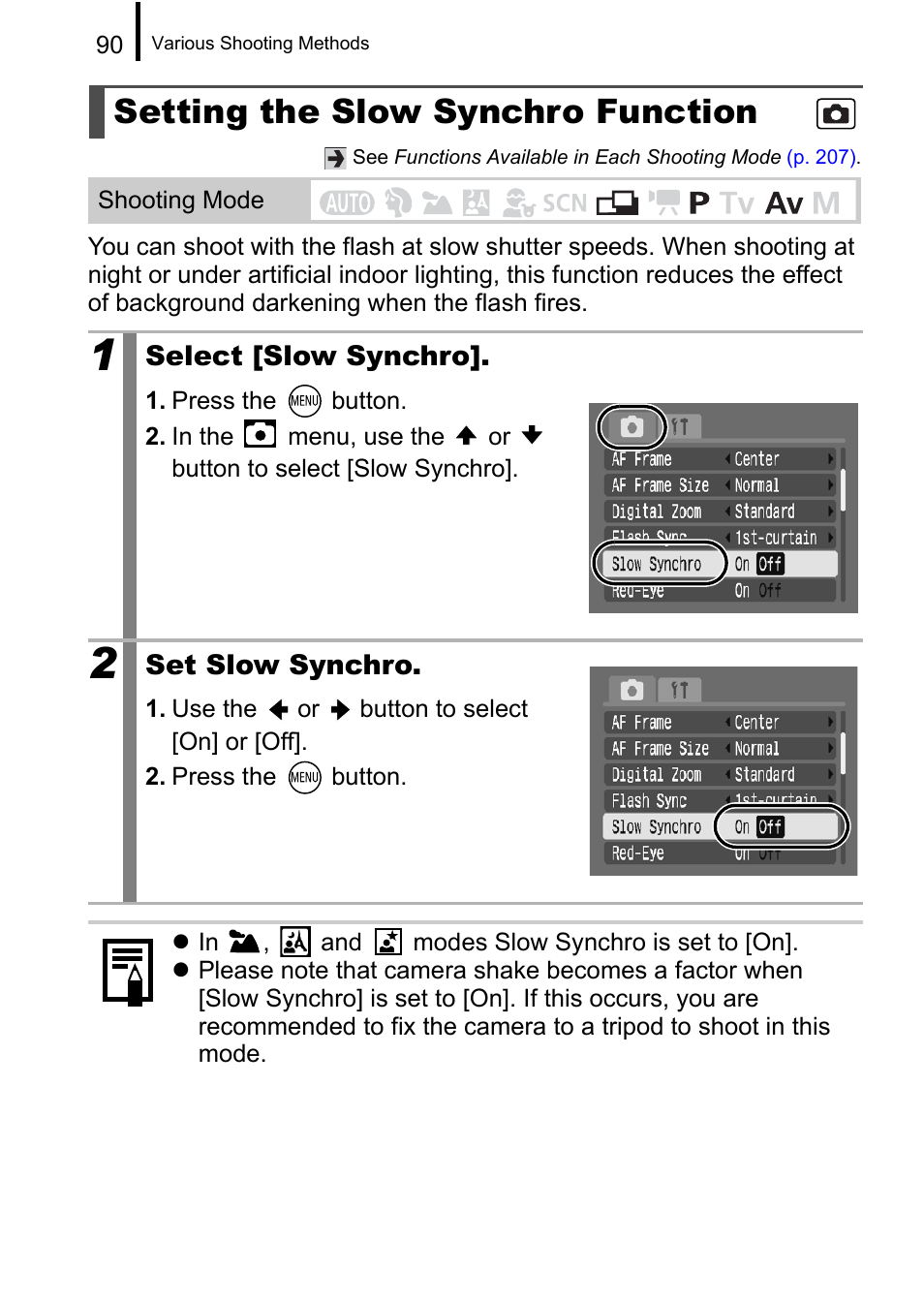 Setting the slow synchro function, P. 90 | Canon A650 IS User Manual | Page 92 / 213