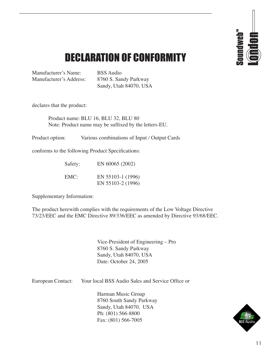 Declaration of conformity | BSS Audio BLU-16 Install Guide User Manual | Page 11 / 12