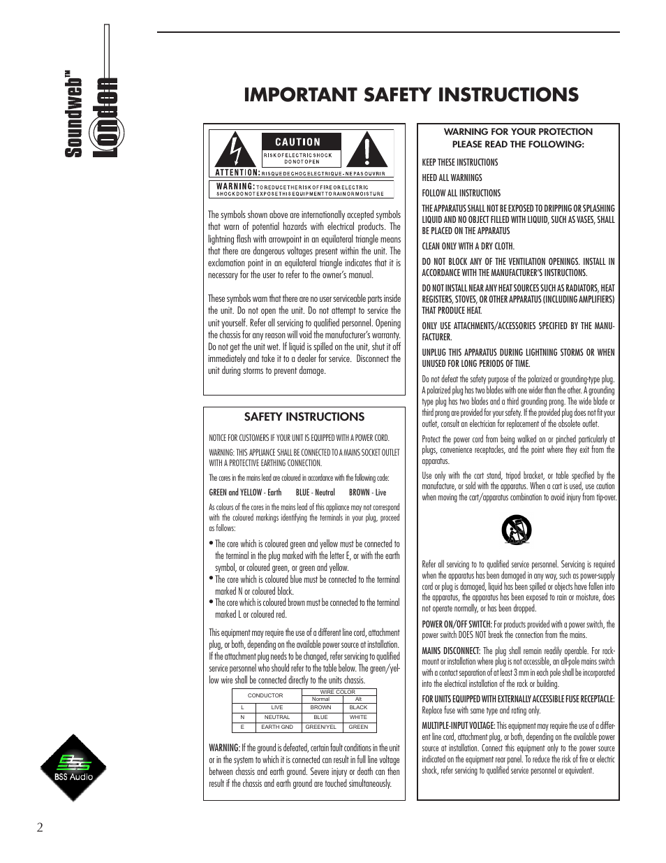 Important safety instructions | BSS Audio BLU-16 Install Guide User Manual | Page 2 / 12